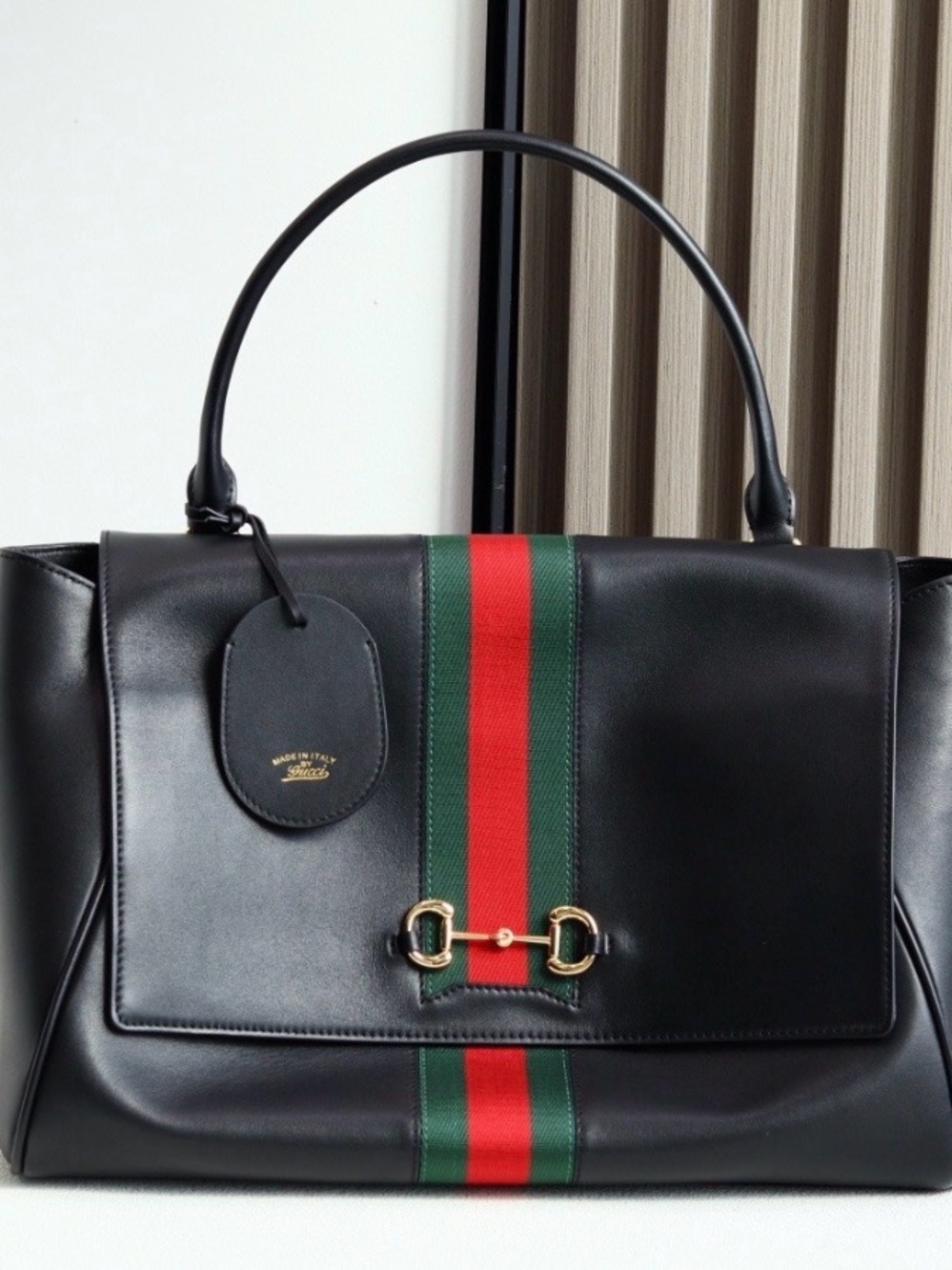 Luxury Black Leather Top-Handle Bag with Green-Red Web Stripe crossbody